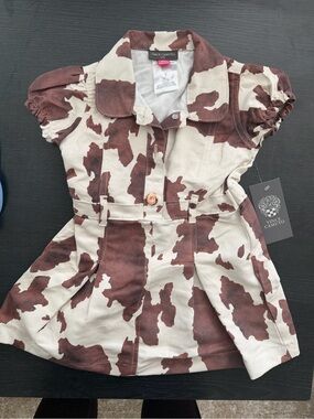 Vince Camuto Girls Brown and Cream Cowprint Button-Front Dress